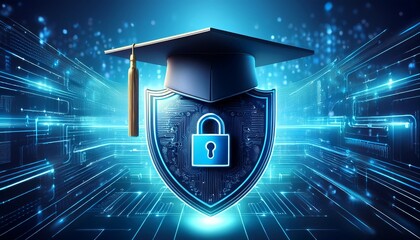 cybersecurity education graduation cap on shield with lock digital security data protection cybersecurity education