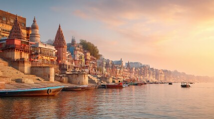 Fototapeta premium Ancient city ghats along a sacred river at sunrise with boats, showing traditional architecture and a spiritual landscape.
