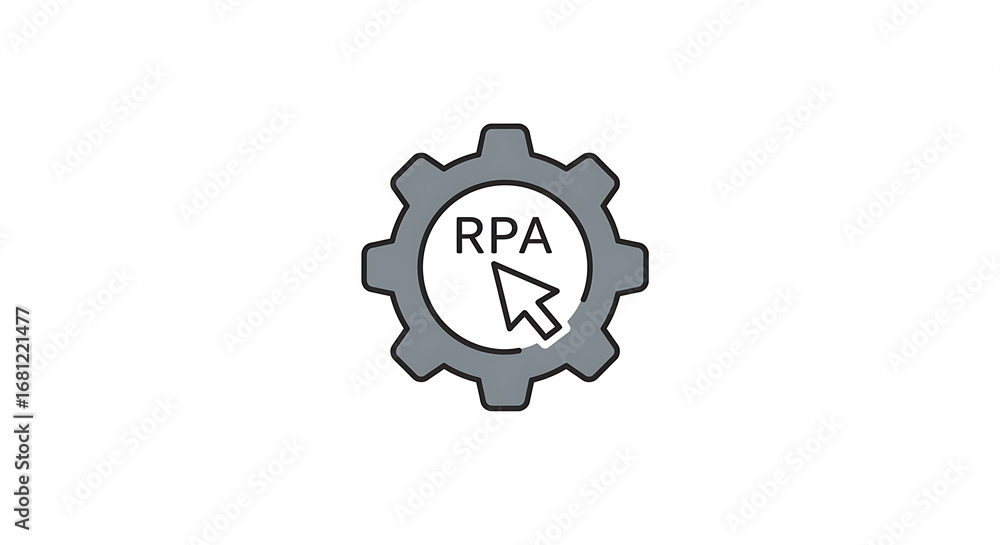 Poster a gray gear with the letters rpa and a mouse cursor inside a circle on a white background image