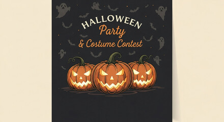 Halloween party invitation featuring three carved pumpkins, bats, and ghosts on dark background, showcasing festive autumn event, ideal for promotion