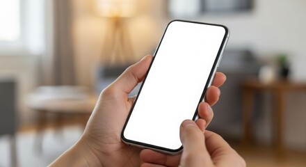Hands holding a smartphone with a blank white screen, set against a blurred background of a living room.