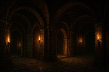 Obraz premium Fantasy medieval castle interior with stone corridors and mystical torch lighting