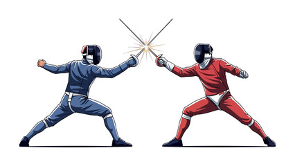 Fencing Duel: Two skilled fencers engage in a dynamic duel, their swords clashing in a moment of intense competition and skill, epitomizing the art of fencing