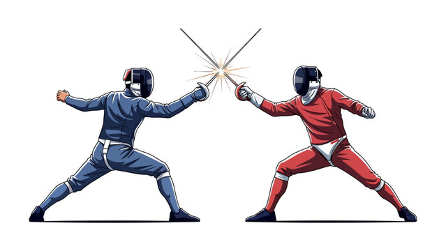 Fencing Duel: Two skilled fencers engage in a dynamic duel, their swords clashing in a moment of intense competition and skill, epitomizing the art of fencing