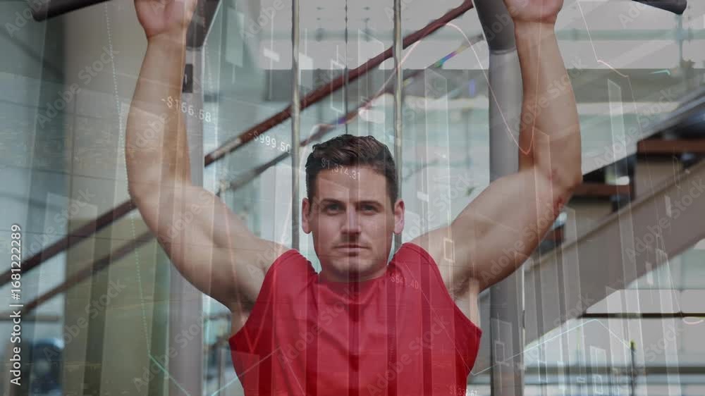 Poster animation of statistics and data processing over fit caucasian man exercising in gym