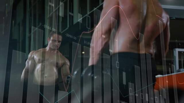 Animation of statistics and data processing over fit caucasian man exercising with weights