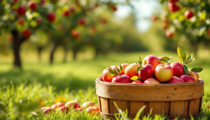 Basket of red and green apples on grassy orchard floor, autumn harvest
