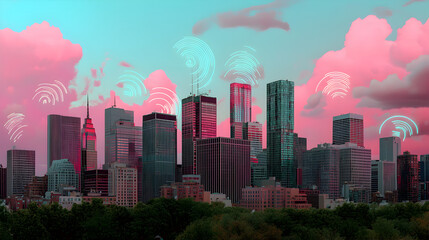 Digital overlay of wireless signals city skyline with pink clouds and green trees, creating futuristic urban scene with