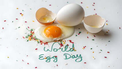 Scattered eggs, one cracked with yolk, another whole, amidst colorful sprinkles on a white surface, celebrating "World Egg Day" in bright, cheerful lighting.