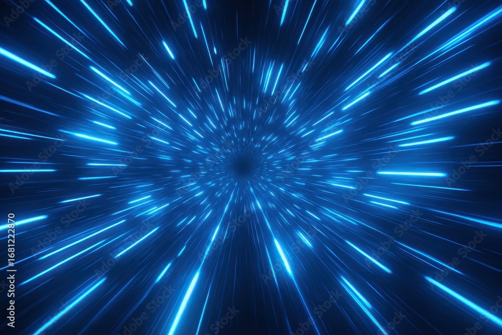 Poster electric blue energy tunnel with pulsating light rays creating dynamic motion through futuristic cor