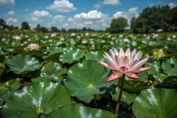 Giant Victoria amazonica water lily with stunning leaves floating on a pond