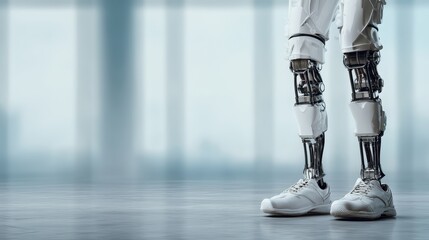 Medical technology concept. Robotic legs in a futuristic, industrial setting.
