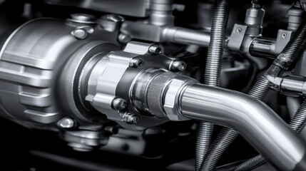Close-up of a sleek automotive engine component showcasing intricate metallic details and textures