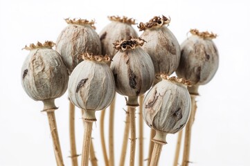Close-up view of dried poppy seed pods