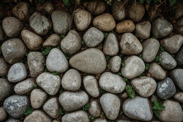 The drainage channels feature walls constructed from sizable river rocks, adorned with a variety of tiny wild vegetation