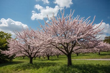 Cherry blossoms in full bloom under a bright blue sky