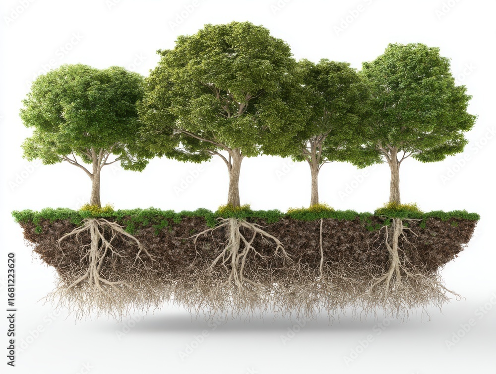 Poster four trees on a floating land mass showing roots studio shot on white background concept of intercon