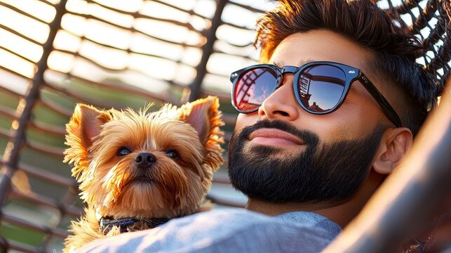 A handsome Indian man enjoys relaxing on a hanging chair in the garden with his adorable little dog, creating a heartwarming scene.