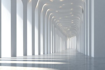 Naklejka premium Abstract architectural hallway with white pillars and ceiling lights perspective view clean minimal design modern interior space