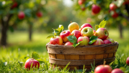 Basket of red and green apples on grassy orchard floor, autumn harvest
