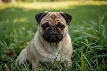 Fototapeta premium A pug dog resting in a green space