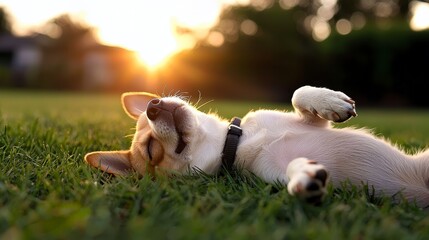 A happy lap dog lying on its back in the grass at sunset, embodying joy and playfulness in a beautiful garden setting.