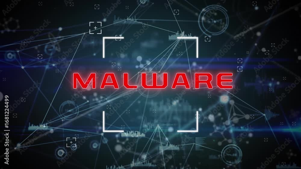 Poster animation of cyber attack warning text over data processing