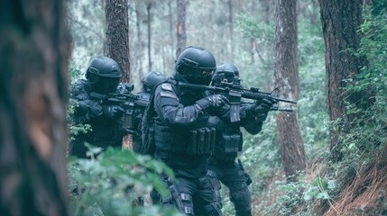 Soldiers practicing defensive maneuvers in forest environment with proper safety protocols, tactical skills, perfect for security training and professional development concept.