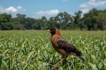 A Myna Bird Standing on Lush Grass