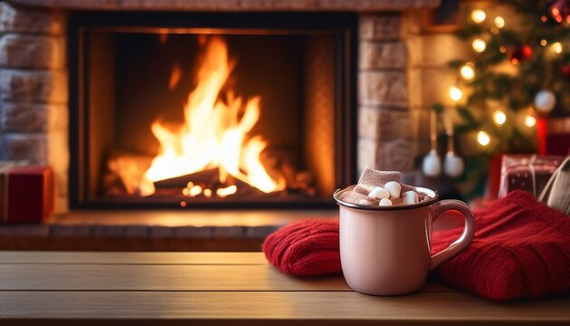 mug with hot cocoa drink in front of fireplace in a cozy living room