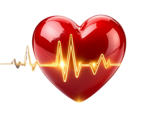  - V3D Glossy Red Heart with Golden Heartbeat Line, Isolated on Transparent Background