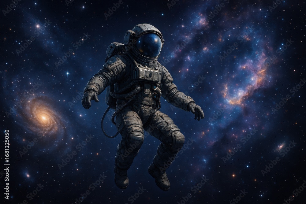 Poster astronaut floating in vast cosmic space surrounded by distant stars and nebula formations