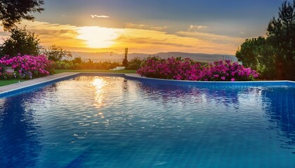 backyard swimming pool summer colorful flowers