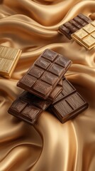 Luxurious Chocolate Bars Stacked on Golden Silk Fabric Still Life Close Up Sweet Temptation Indulgence