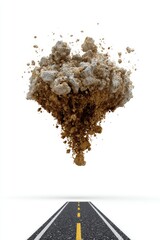 Aerial view of soil erosion over asphalt road surface, conceptual image, studio shot, isolated on white background, high angle