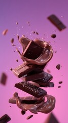 Chocolate Bars Falling in Motion with Splashes of Chocolate on Pink and Purple Gradient Background Sweet Treat Concept