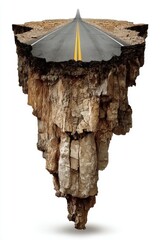 Floating road section in desert landscape aerial view concept of infrastructure and geological formation on white