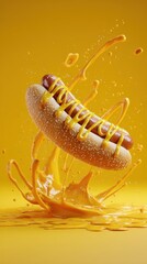 Hotdog with Mustard Splash on Yellow Background Food Photography Delicious American Fast Food Still Life
