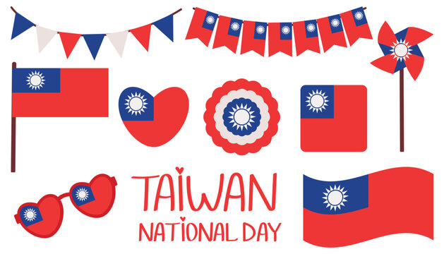Set with different flags, garlands, winds in the colors of the Taiwan flag.