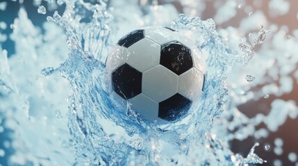 Dynamic splash of soccer ball in crystal clear water, action and motion