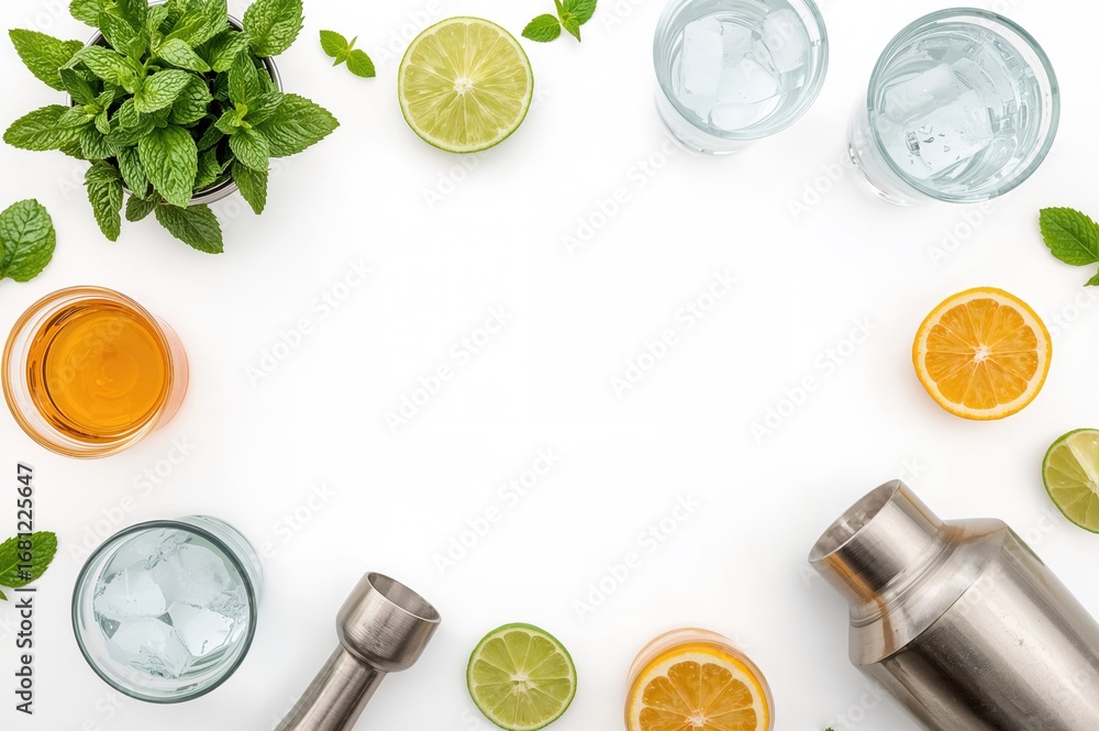 Poster crafting a mojito involves multiple steps behind the counter. displayed on a white backdrop are fres