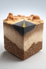 Desert Road Cross Section Revealing Geological Layers in a Cube Shape Studio Shot on White Background