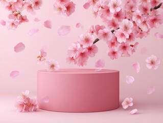 Pink podium display with cherry blossoms in bloom against a soft pink background for product presentation springtime theme