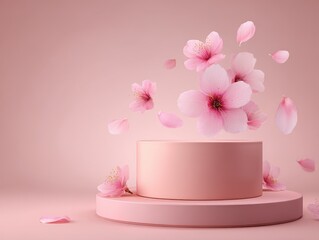 Pink cherry blossom flowers floating above a pastel display podium studio shot for product presentation springtime theme