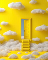 Dreamlike Doorway: Yellow Door Opens to Blue Sky with Clouds and Stairs, Studio Shot, Surreal Concept