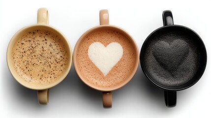Three Coffee Mugs Overhead Shot Latte Art Heart Dark Roast Light Medium Coffee Break Morning Beverage