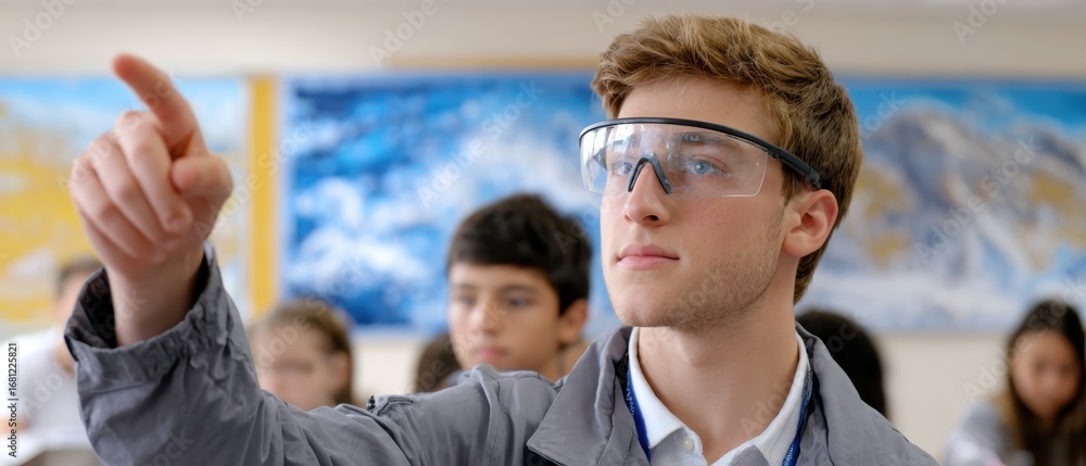 Poster a focused student wearing safety glasses gestures while explaining an idea in a classroom filled wit