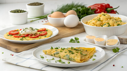 Bright, culinary still life: various egg dishes, herbs, peppers, and spices arranged on a white tablecloth, creating a fresh, appetizing, and inviting mood.

