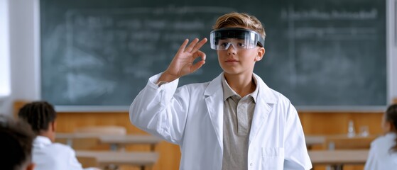A young student in a lab coat demonstrates a concept while wearing augmented reality glasses in a classroom setting.