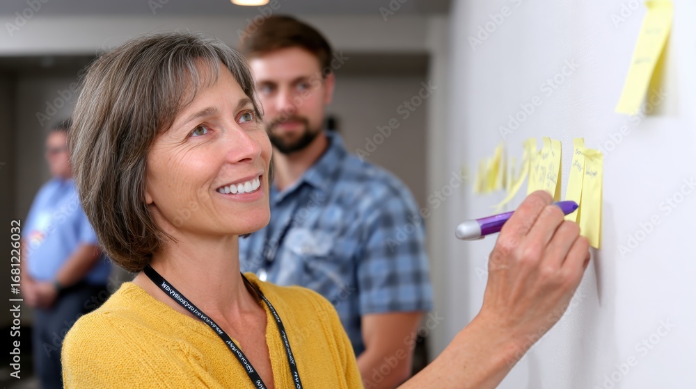 Poster a smiling woman writes on a sticky note while a man observes in the background, during a collaborati